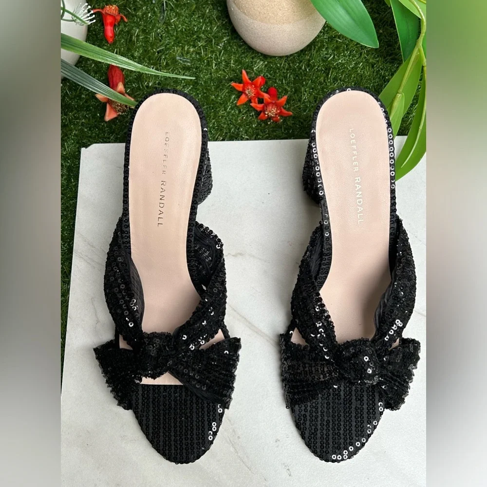 Loeffler Randall Black Sequin Knotted Mule Heels